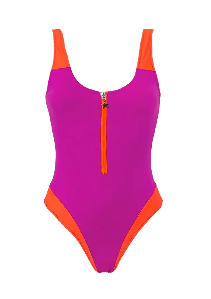 Bañador con cremallera en fucsia y naranja flúor.