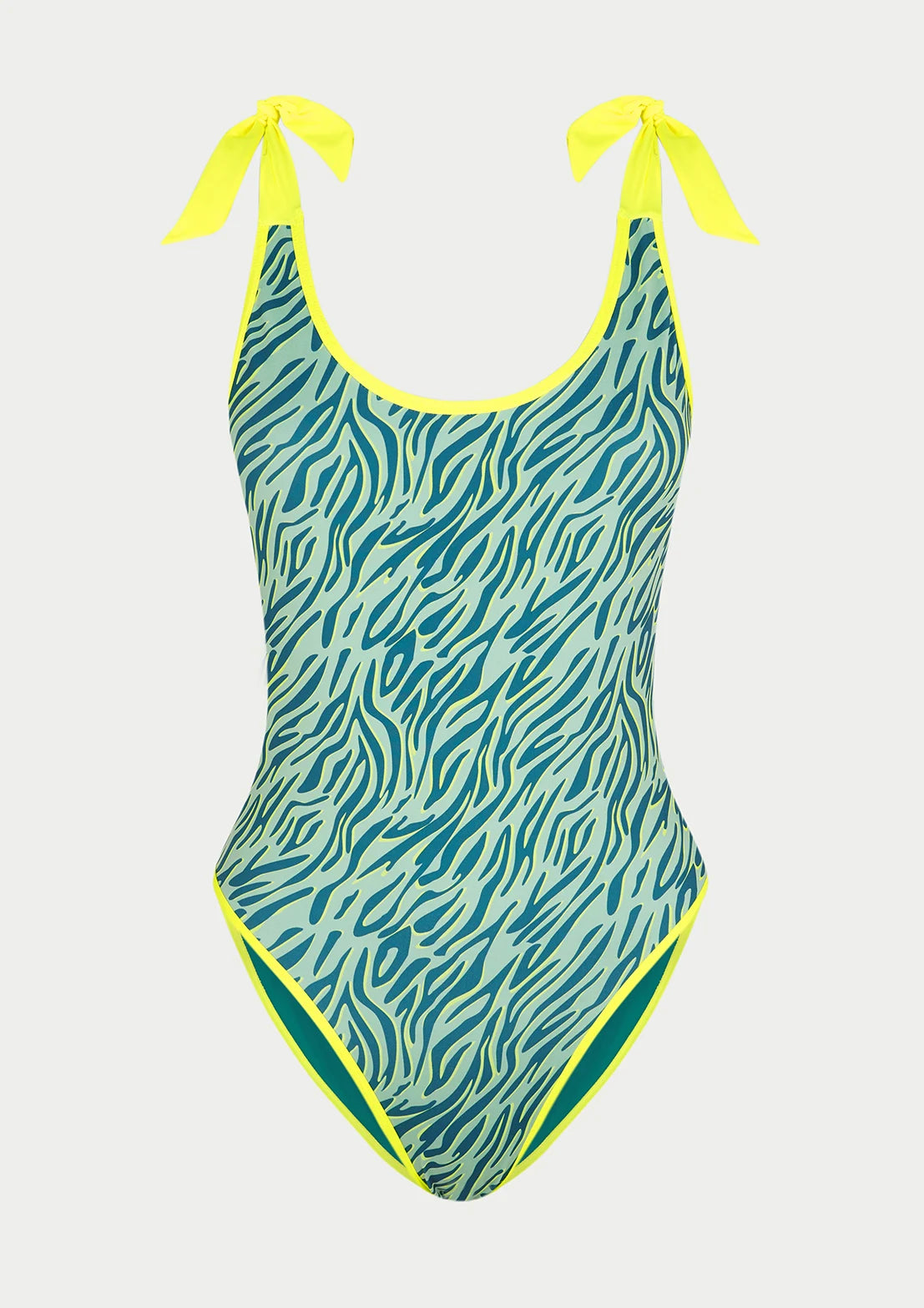 Comprar Bañador Estampado Cebra Mint con lazos en los tirantes de los hombros para mujer y teen color verde con contrastes amarillo flúor de To the Moon.