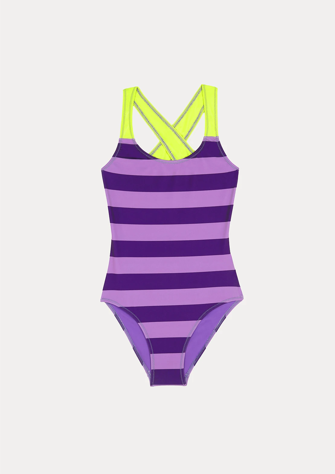 Bañador Cross Rayas Moradas para niñas y teens de To the Moon con tonos neón.