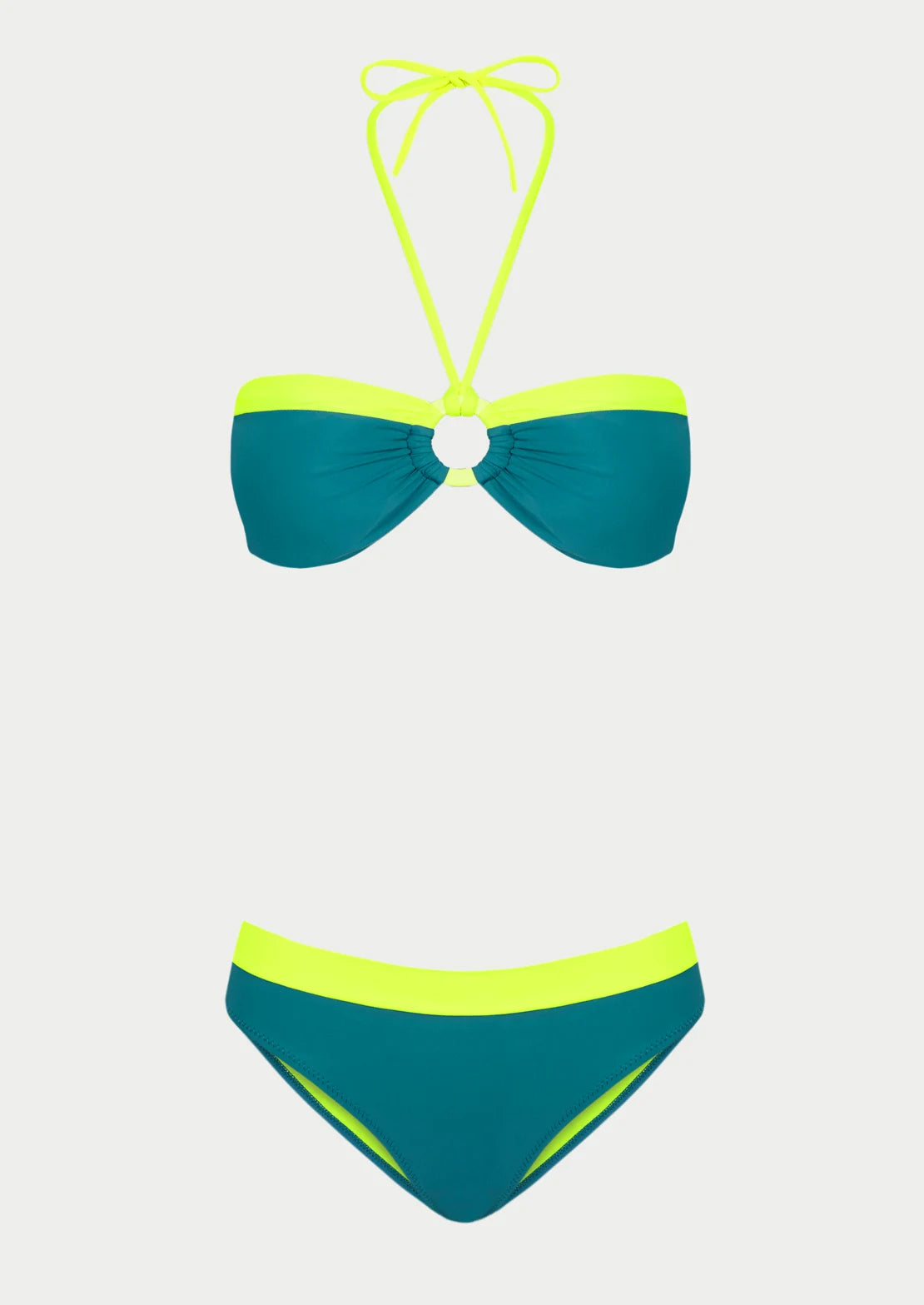 Comprar bikini To the Moon bandeau halter atado al cuello desde aro central color azul petróleo y amarillo neón para mujer y teen.