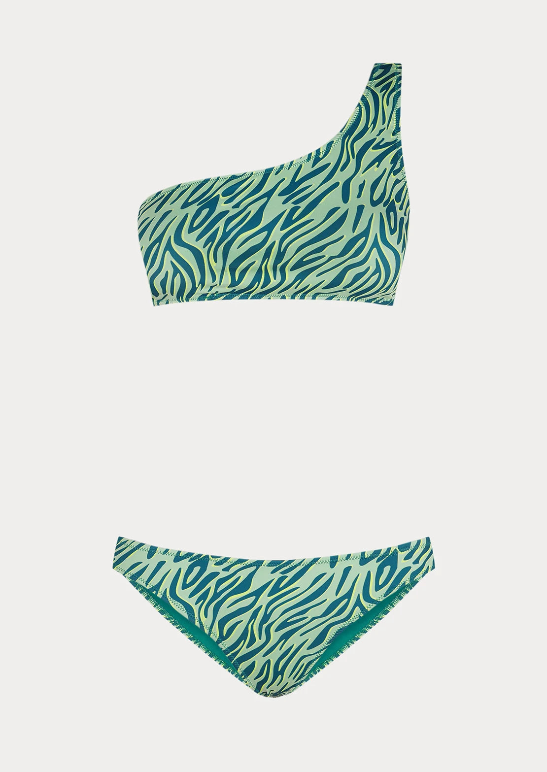 Bikini de To the Moon para mujer y teen, asimetrico estampado cebra en verde y azul , toques neón.
