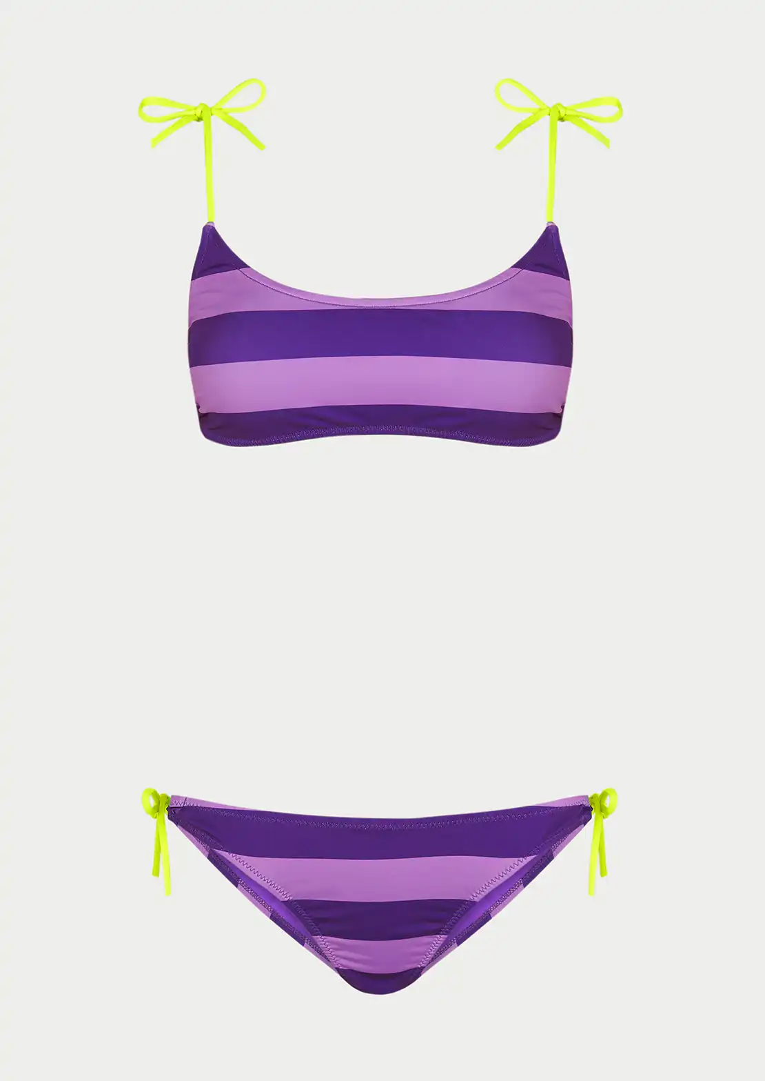 Comprar bikini To the Moon top estampado rayas moradas y tirantes amarillo neón.
