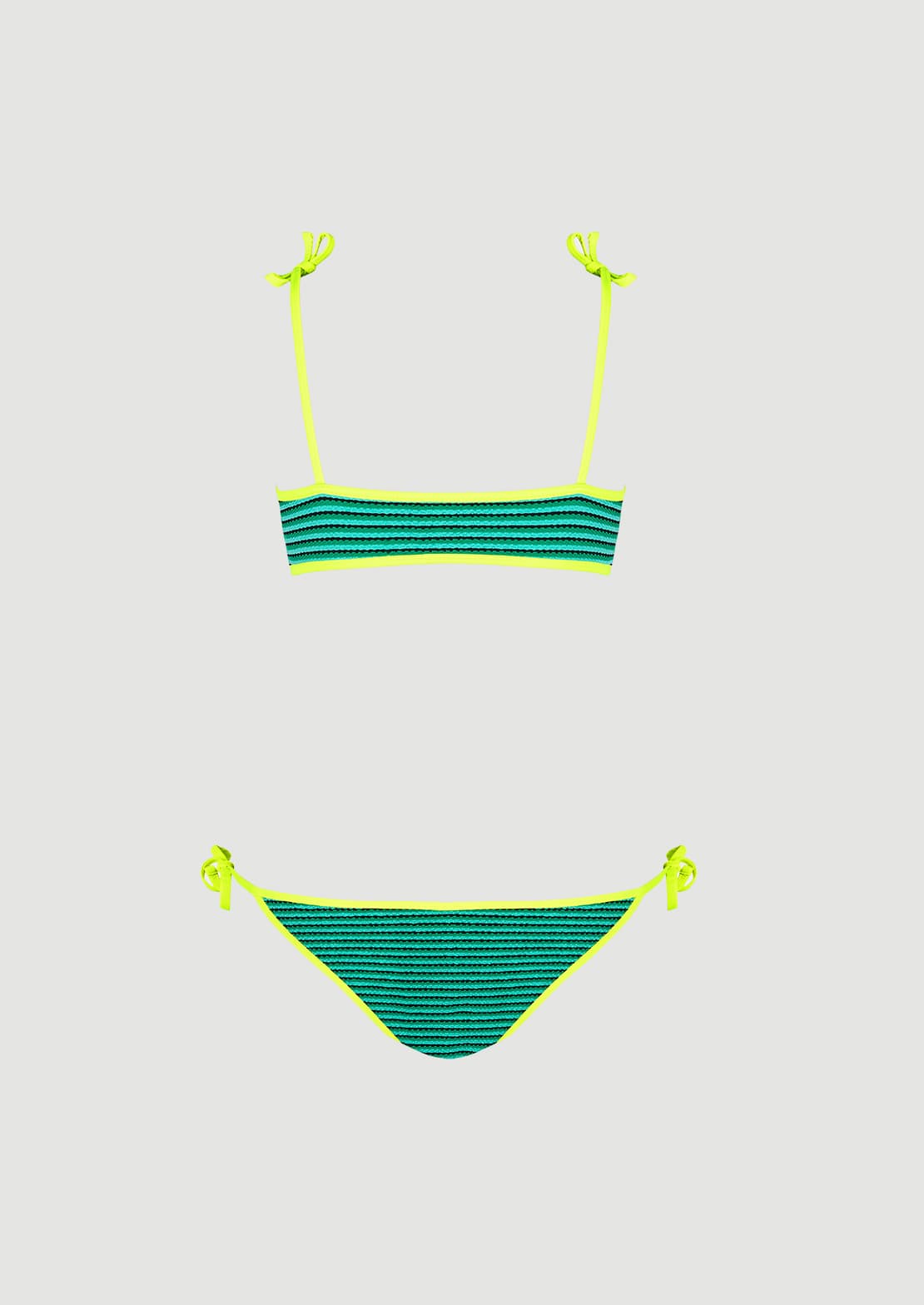 Braguita ajustable con lazos laterales del Bikini Classic Tulum en verde estampado con contraste flúor.