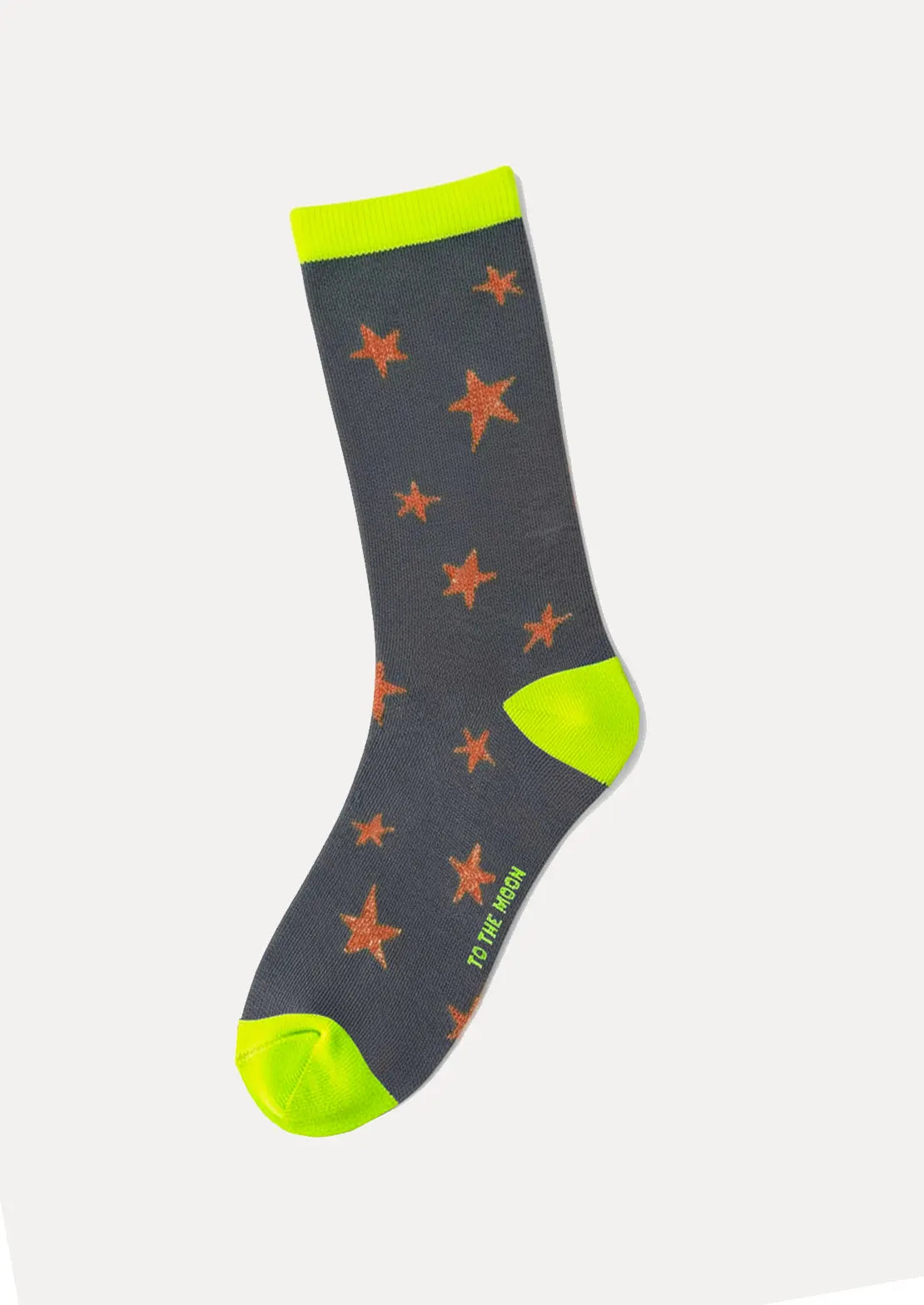 Calcetines de To the Moon de caña baja con grises estrellas de lúrex teja y contrastes amarillo flúor.