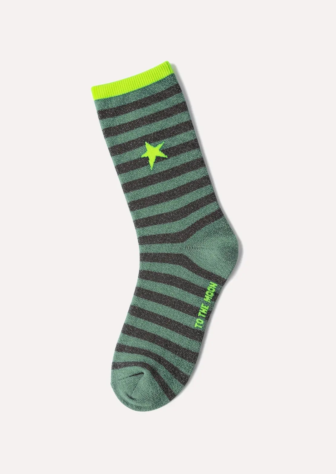 Calcetines de To the Moon de caña baja de lúrex con rayas verdes con estrella amarillo flúor.