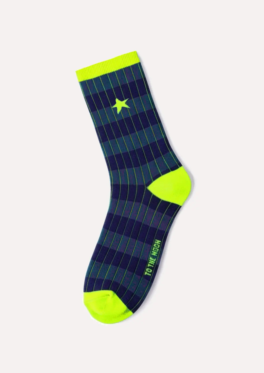 Calcetines de To the Moon de caña baja de canalé rayas azules con estrella amarillo flúor.