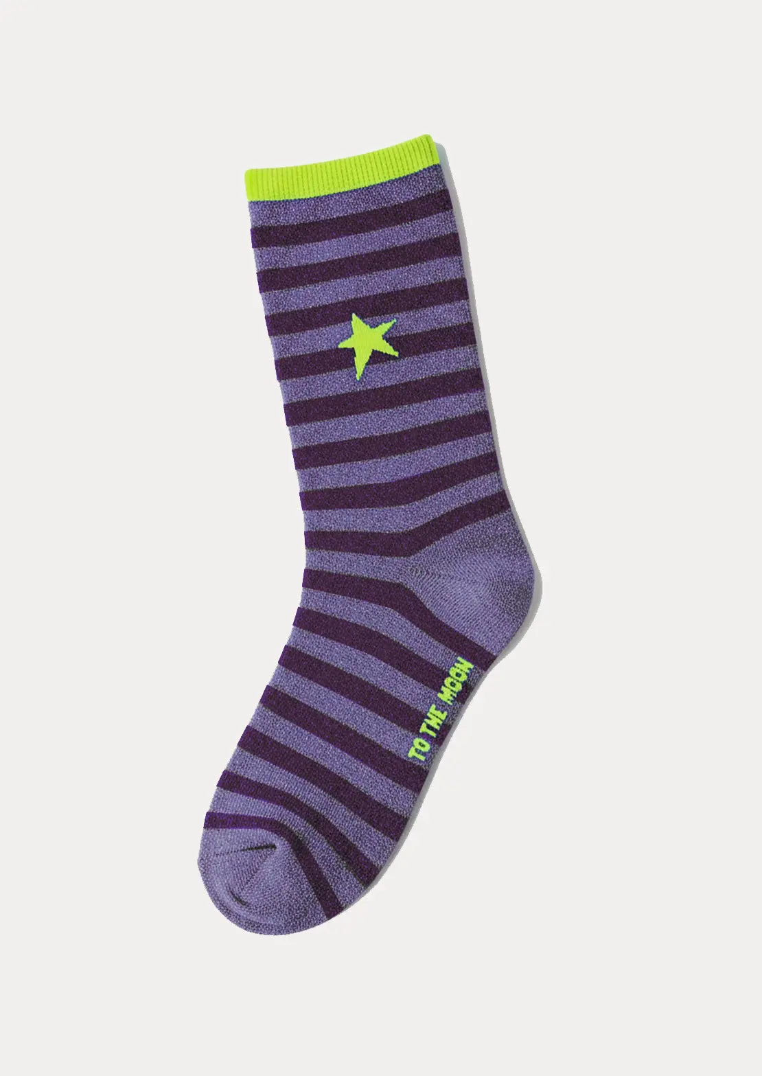 Calcetines de To the Moon de caña baja de lúrex con rayas lilas con estrella amarillo flúor.