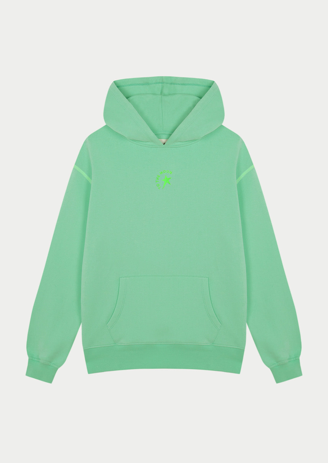 Hoodie color verde estrella verde flúor con capucha y bolsillo canguro ideal para teens de To the Moon. Estrella verde flúor serigrafiada en la espalda.