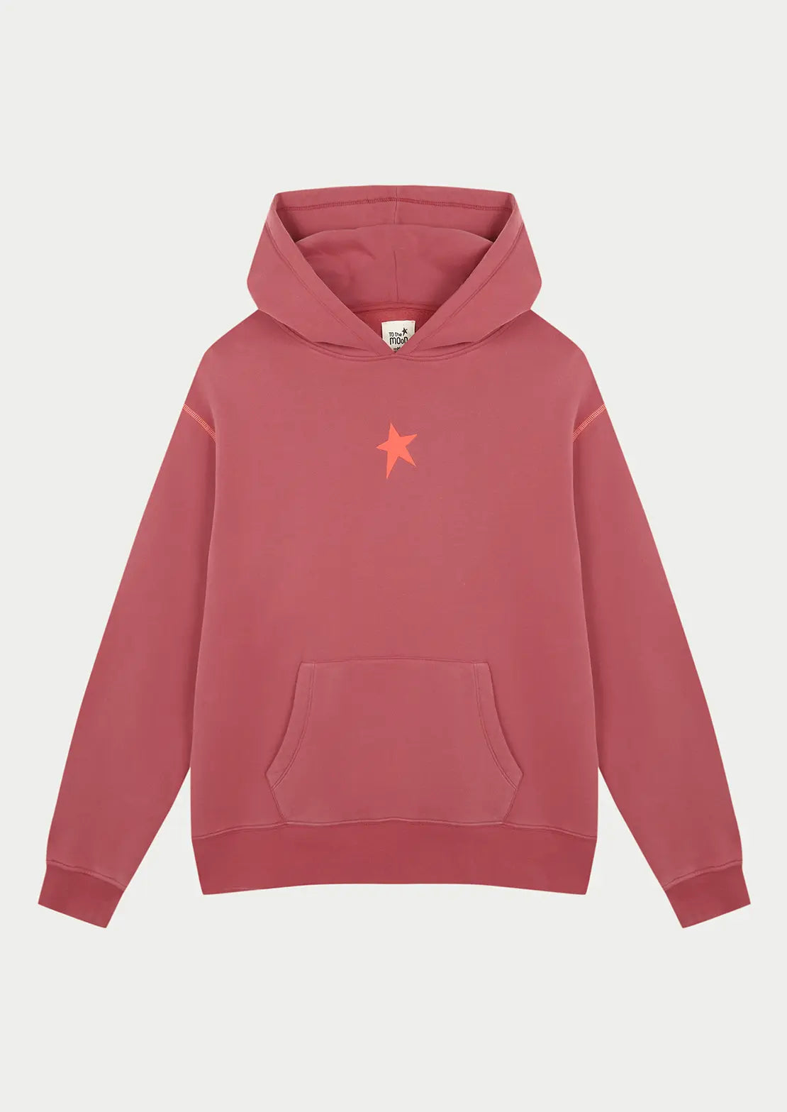 Hoodie color rojo estrellas flúor con capucha y bolsillo canguro ideal para teens de To the Moon. Estrellas naranja flúor serigrafiadas en la espalda.