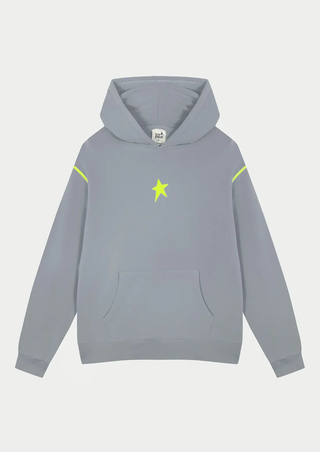 Hoodie color gris smoke estrellas flúor con capucha y bolsillo canguro ideal para teens de To the Moon. Estrellas amarillo flúor serigrafiadas en la espalda.
