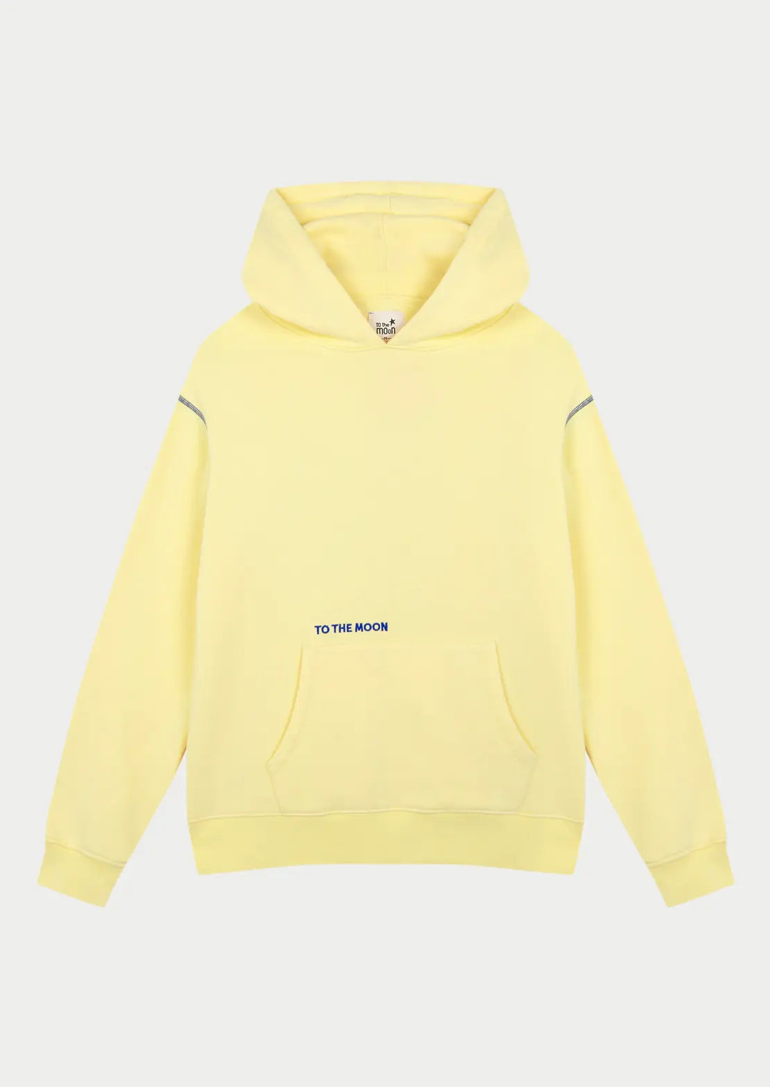 Hoodie color amarillo claro estrella azul con capucha y bolsillo canguro ideal para teens de To the Moon. Estrella azul eléctrico serigrafiada en la espalda.