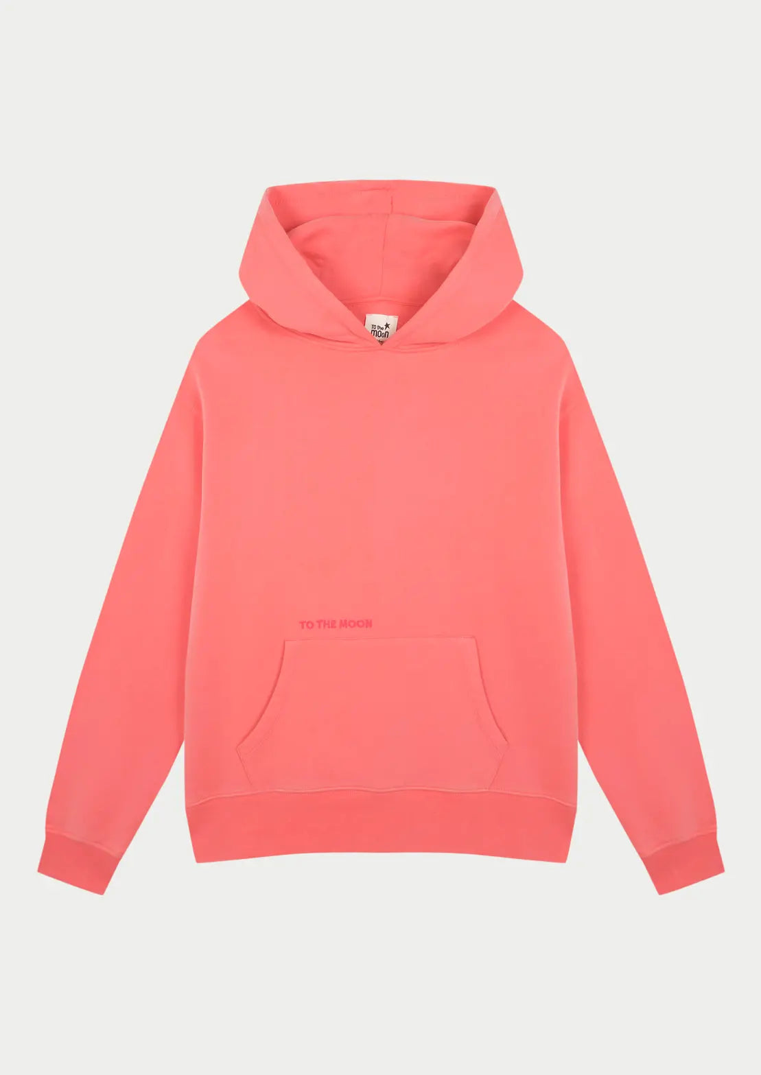 Hoodie color coral estrella fucsia flúor con capucha y bolsillo canguro ideal para teens de To the Moon. Estrella fucsia serigrafiada en la espalda.