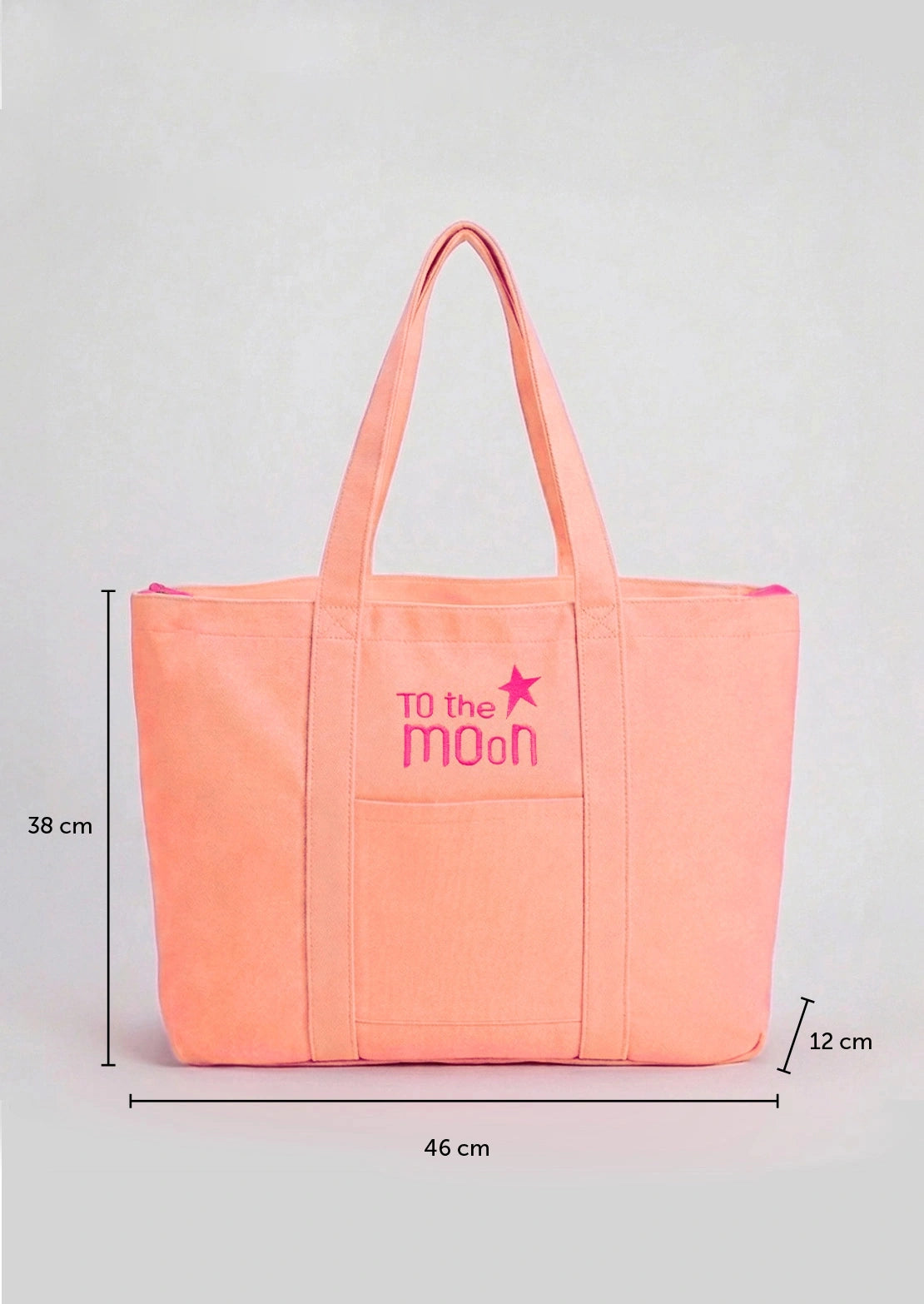 Medidas bolsa de playa en color melocotón flúor multiusos con cremallera de To the Moon ideal para niña y mujer.