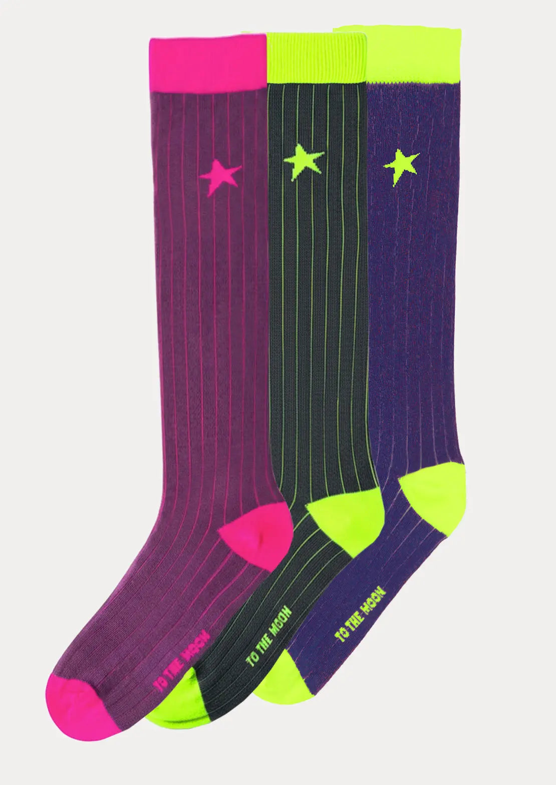 Pack trío de calcetines de To the Moon en canalé con toques flúor de caña alta.