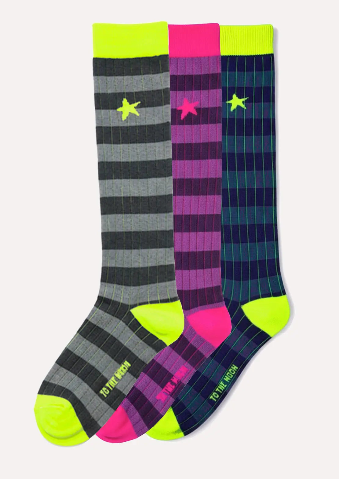 Pack trío de calcetines de To the Moon en canalé rayado con toques flúor de caña alta.