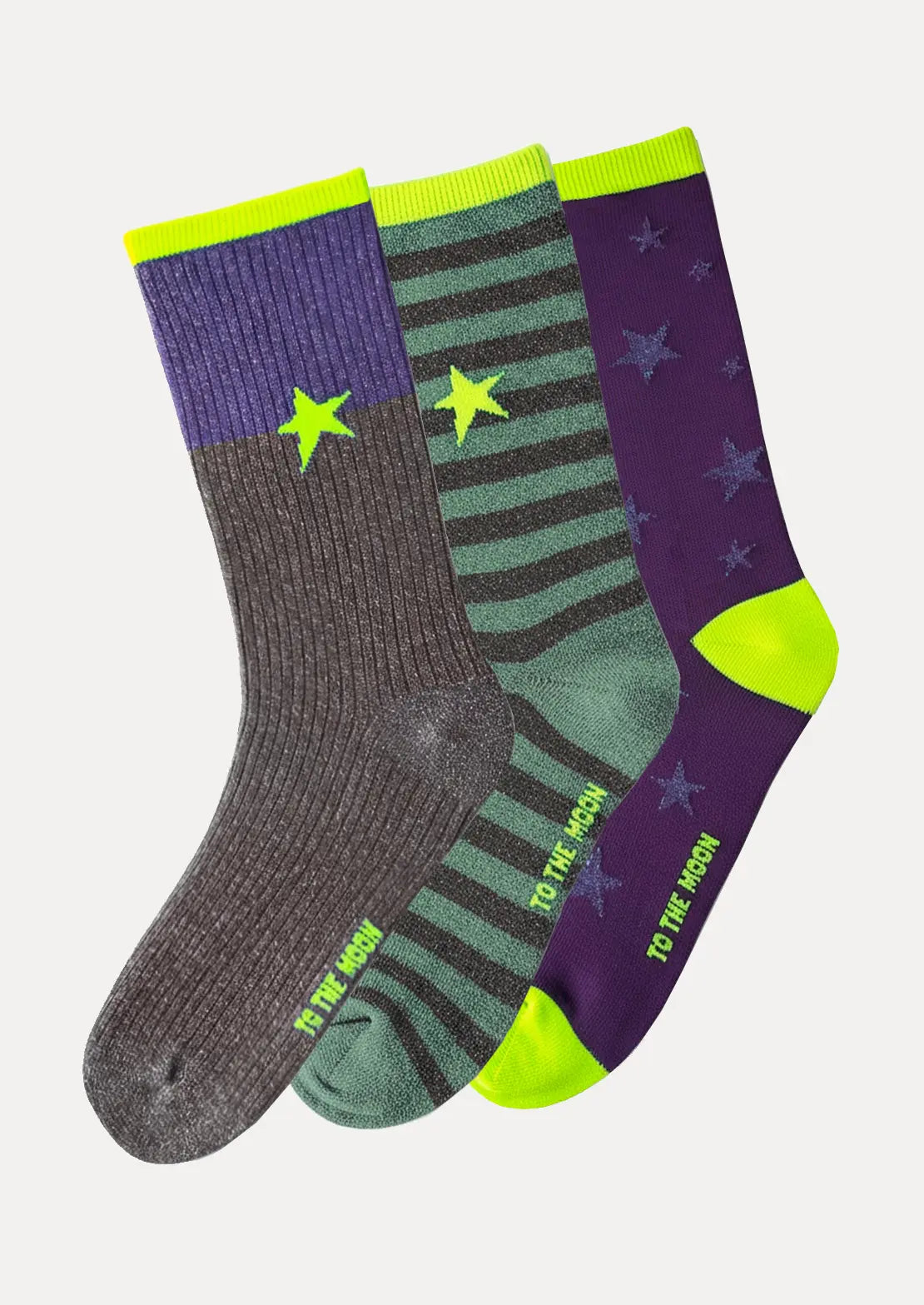 Pack trío de calcetines mix de To the Moon con lurex y toques flúor de caña baja.