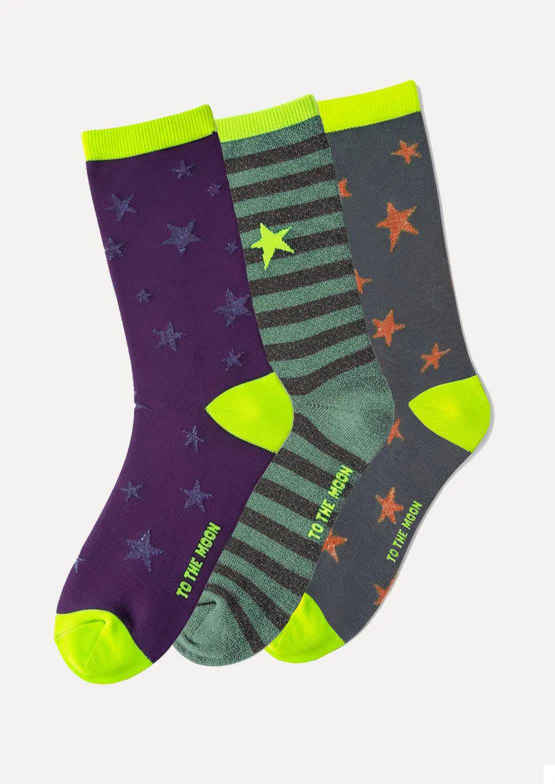 Pack trío de calcetines lúrex stars de To the Moon con lurex y toques flúor de caña baja.