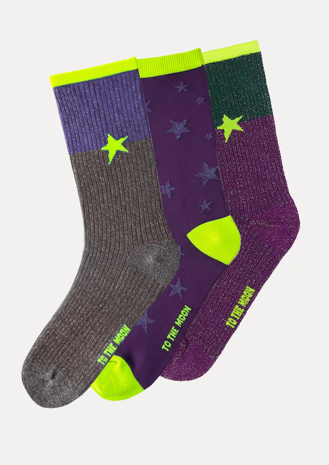 Pack trío de calcetines mix de To the Moon con lurex y toques flúor de caña baja.