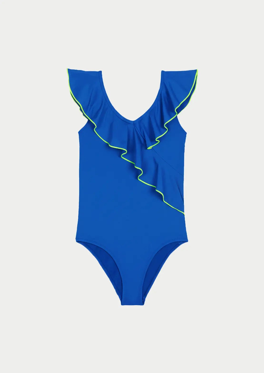 Silueta del Bañador Broadway azul y amarillo flúor con escote en pico y volante para niñas y teens.