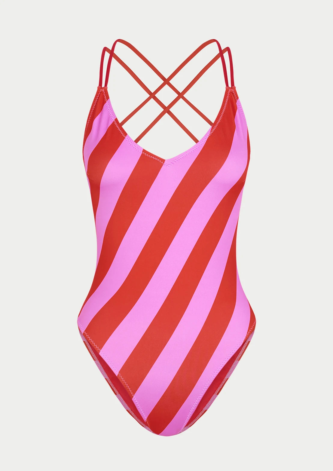 Comprar Bañador tirantes finos cruzados en la espalda, estampado rayas rojas y rosas para mujer y teen con colores flúor de To the Moon.