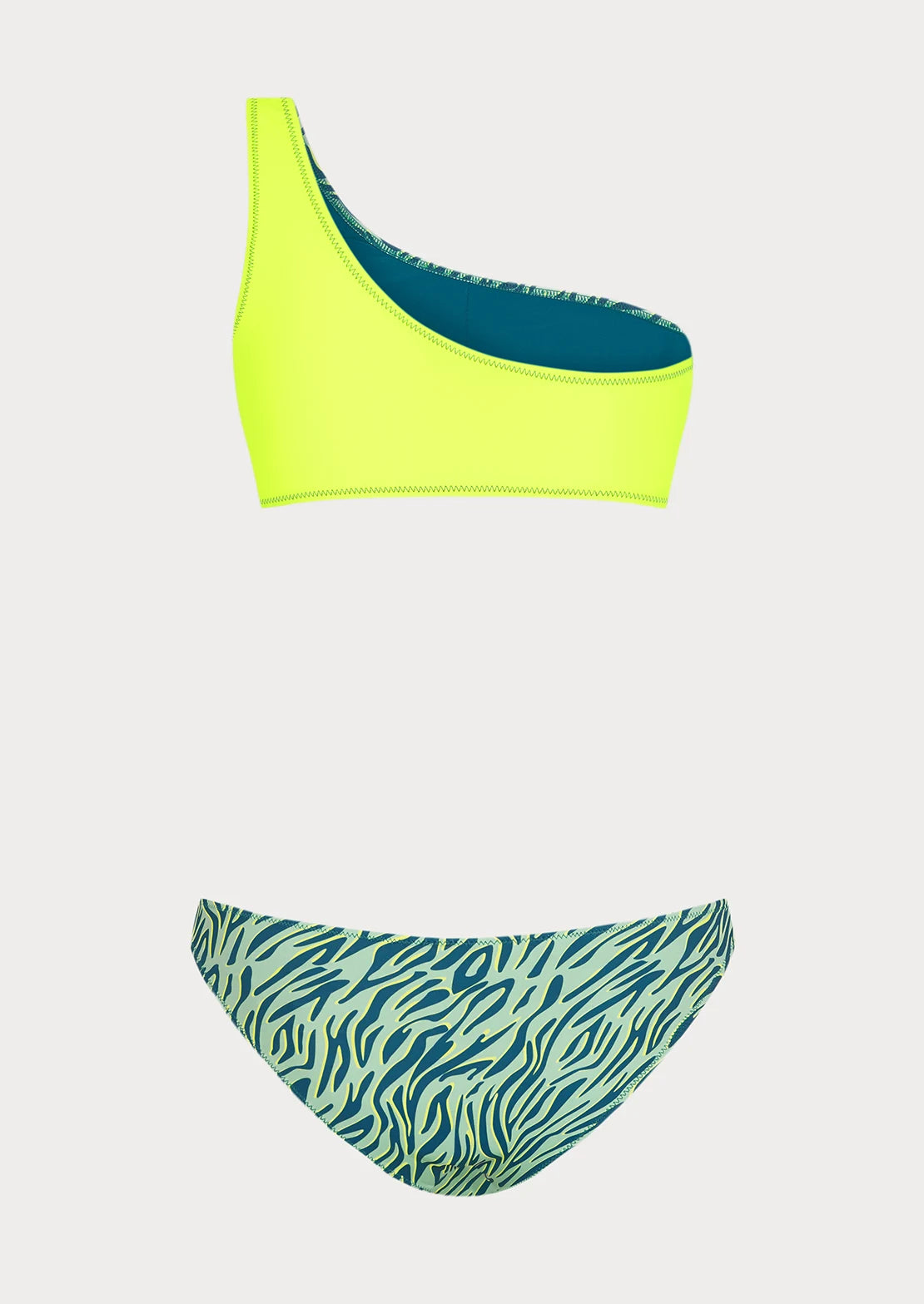Silueta del bikini asimetrico para mujer y teen color verde y amarillo flúor estampado cebra de To the Moon.