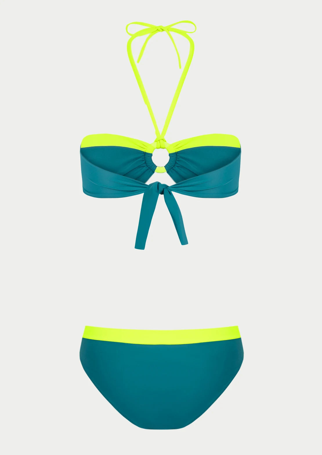 Silueta del bikini Bond Ocean. Color azul petróleo y contrastes amarillo flúor con aron en el centro del pecho. de To the Moon.