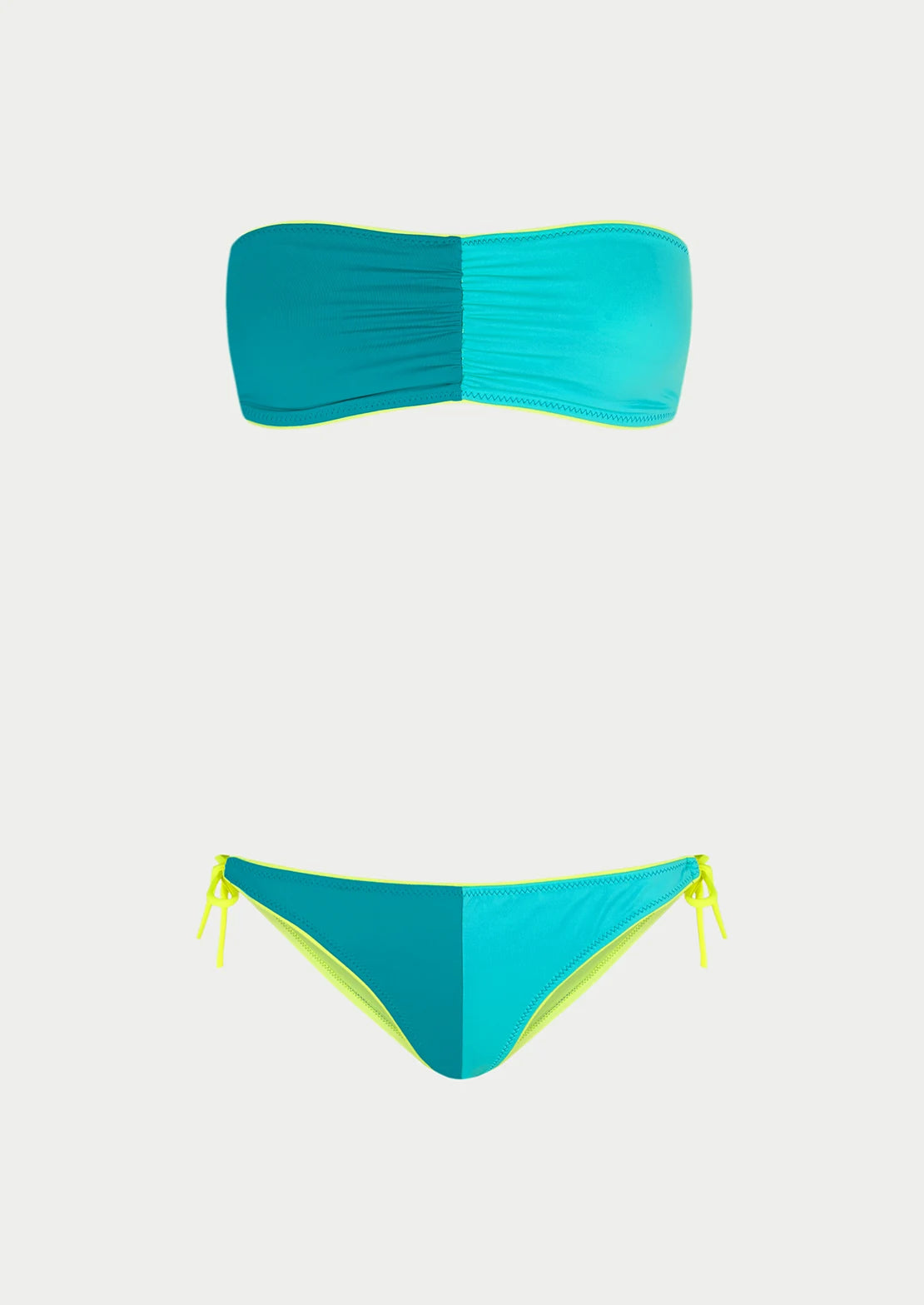 Silueta del bikini bandeau para mujer y teen colorblock varios azules y contrastes amarillo flúor de To the Moon.
