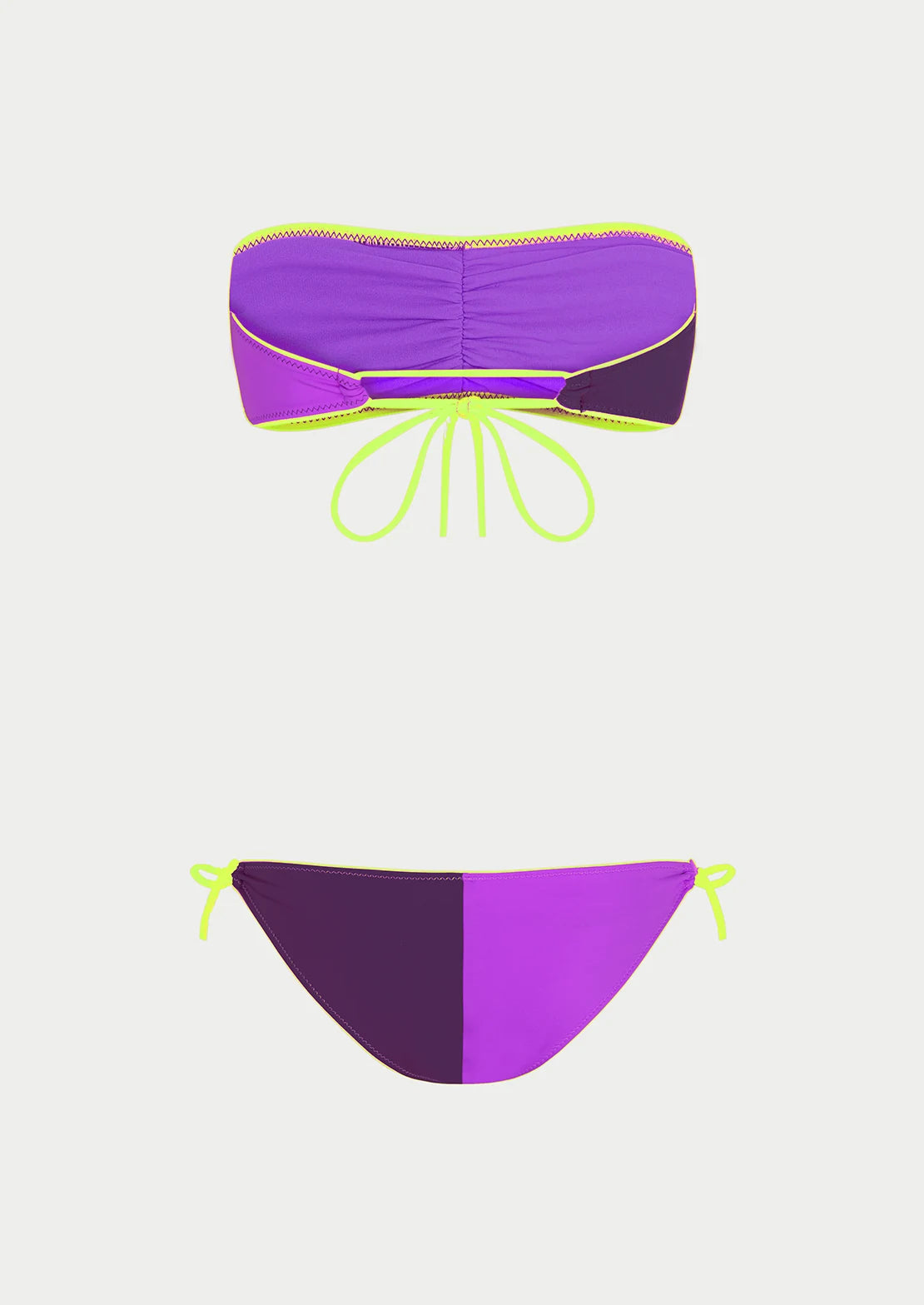 Silueta del bikini bandeau para mujer y teen colorblock varios morados y contrastes amarillo flúor de To the Moon.