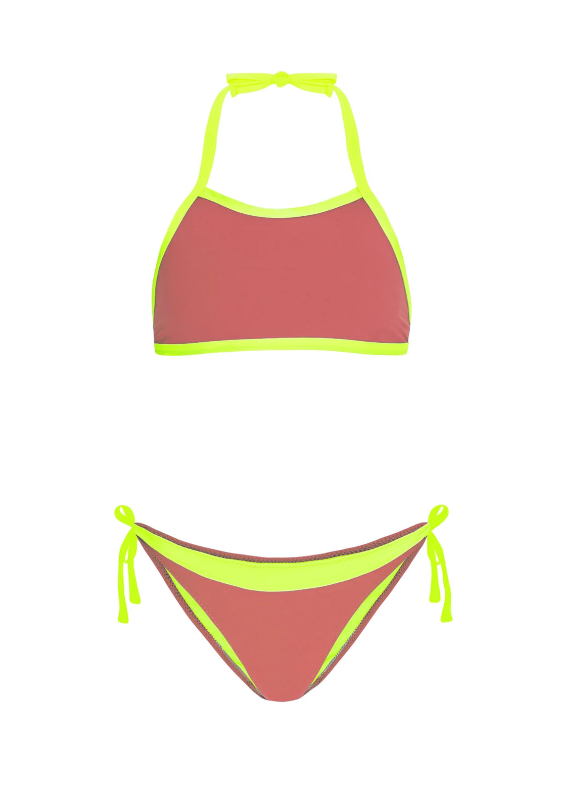 Silueta del bikini halter para mujer y teen color maqullaje y amarillo flúor de To the Moon.
