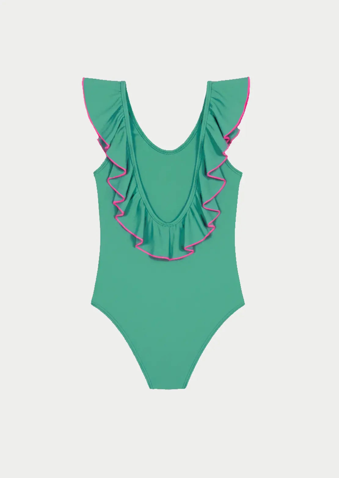 Vista trasera del traje de baño Broadway en tono verde bambú con espalda abierta y volante envolvente