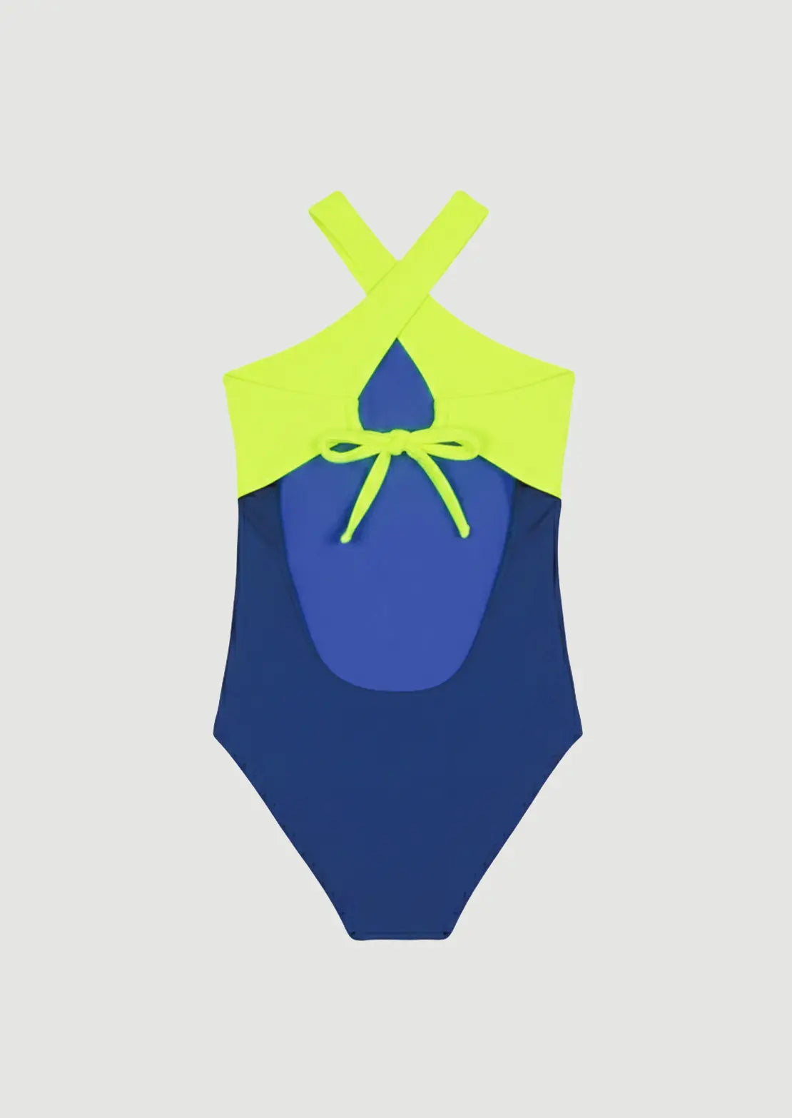 Silueta parte trasera de bañador Halter Duo Blue sobre fondo blanco para niñas y teens de To the Moon