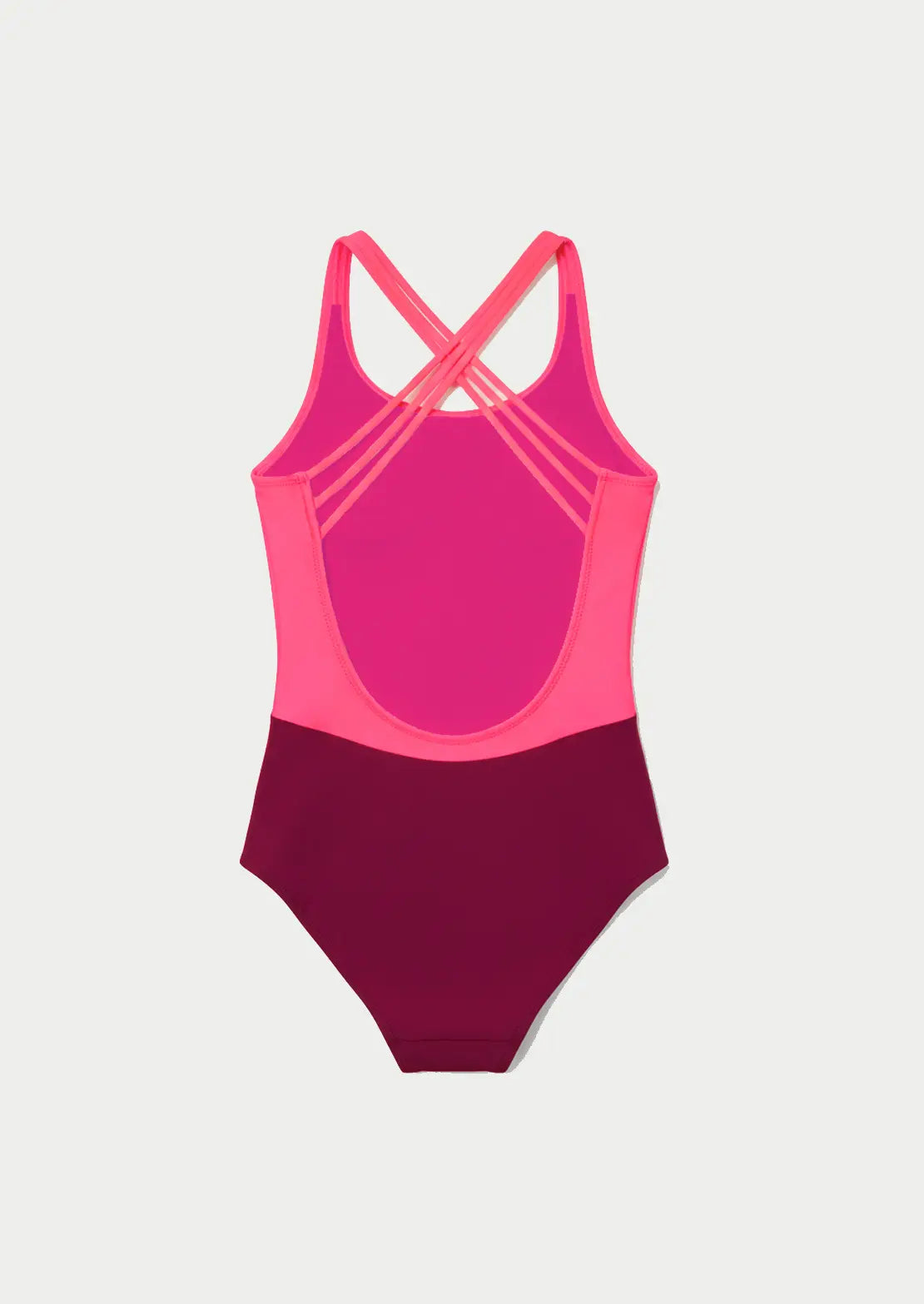 Silueta de la parte trasera del bañador Road Aqua en tonos rosa y coral sobre fondo blanco para niñas y teens