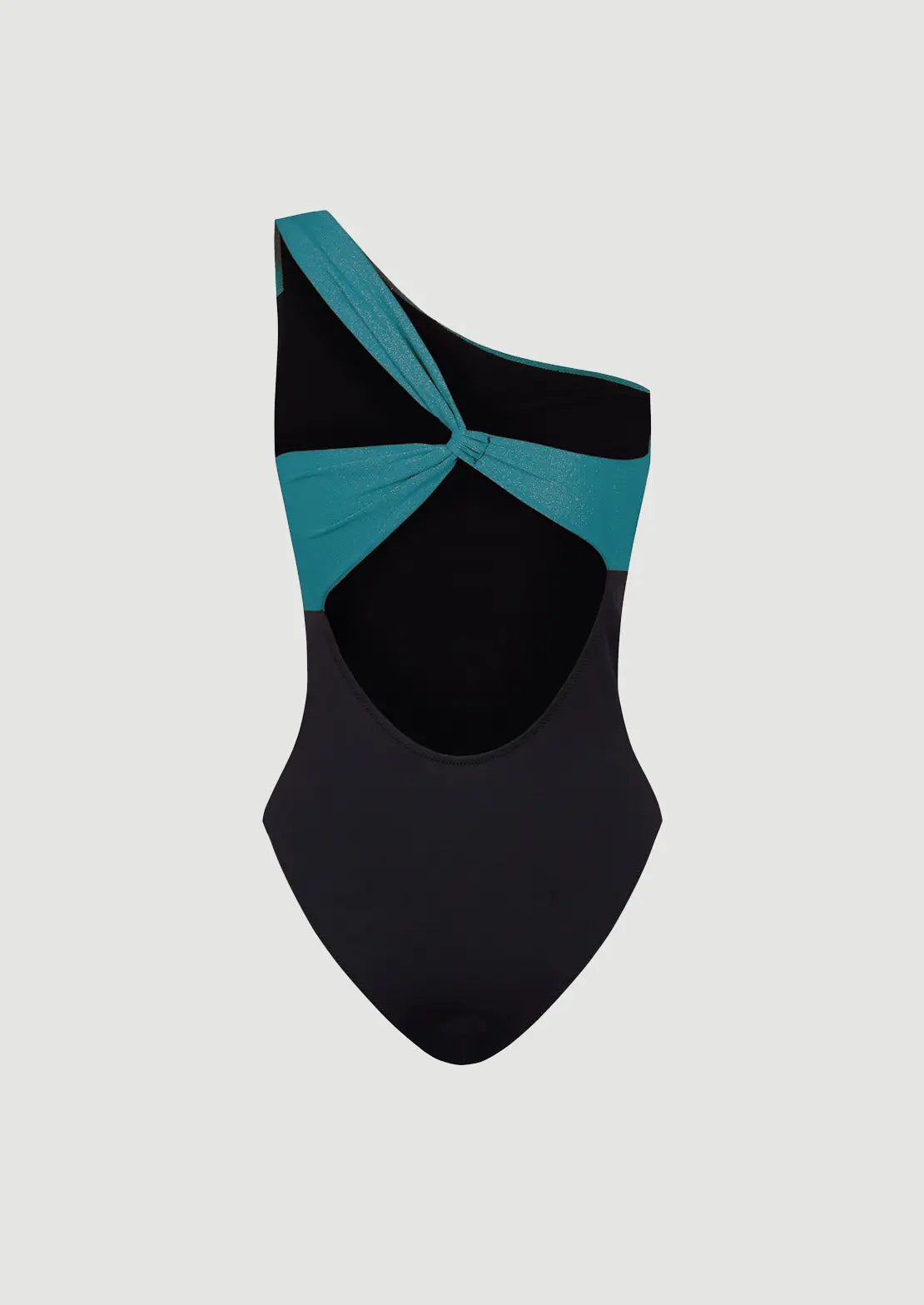 Silueta parte trasera del traje de baño Moonlight Ocean de To the Moon asimétrico con cuerpo negro y lúrex azul petroleo