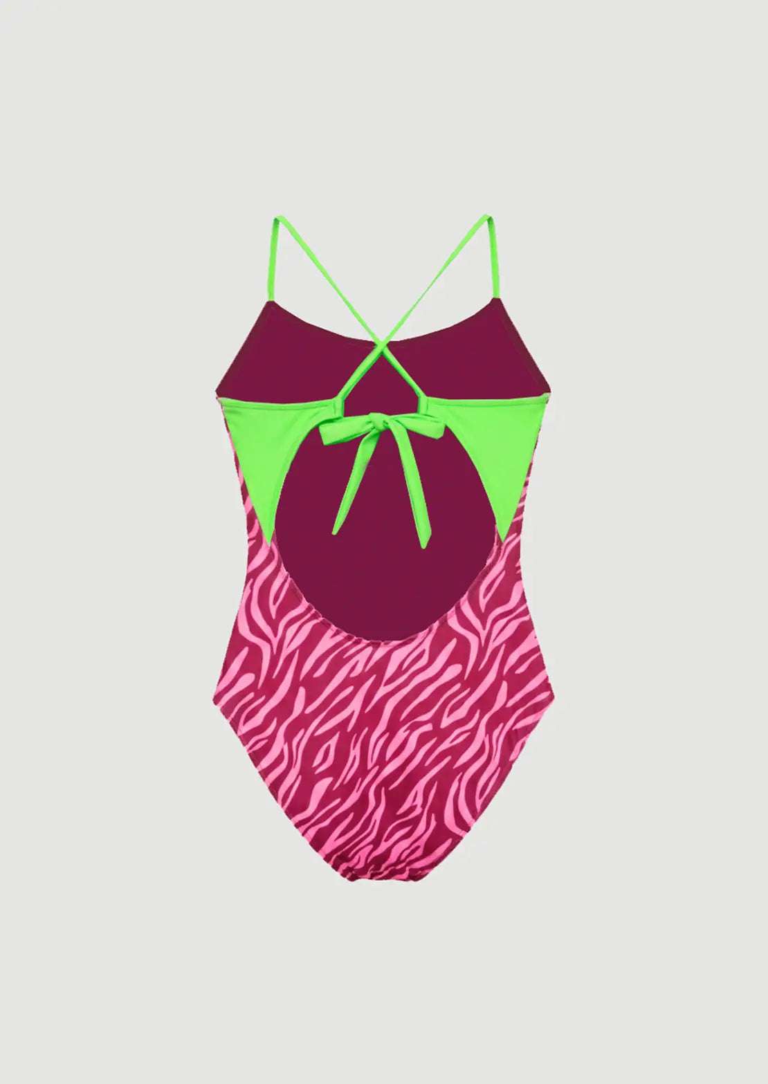 Silueta parte trasera del traje de baño Cebra Pink tirantes flúor sobre fondo blanco para niñas y teens