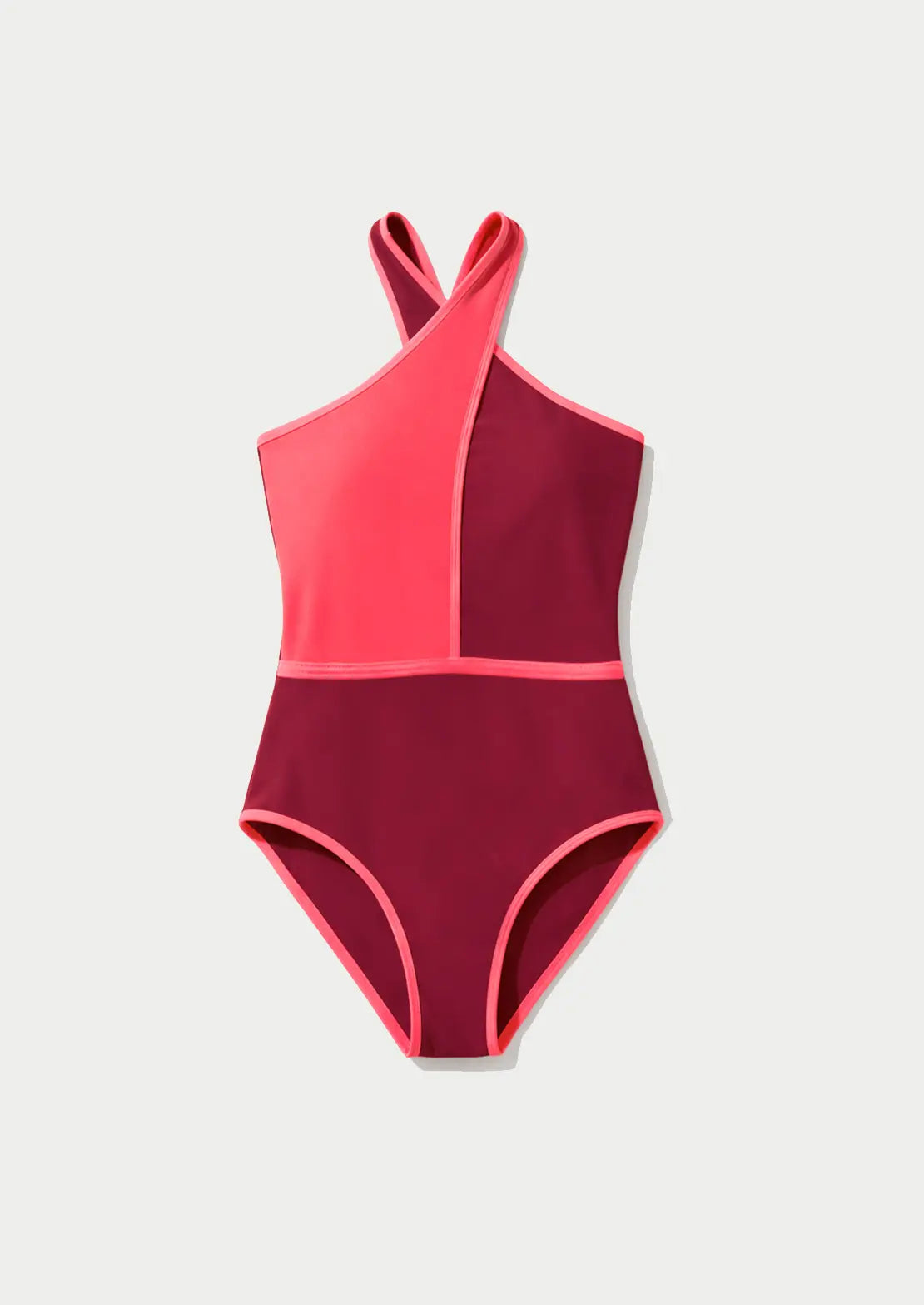 Silueta del traje de baño Halter Pop Color cereja y rosa sobre fondo blanco para niñas y teens de To the Moon