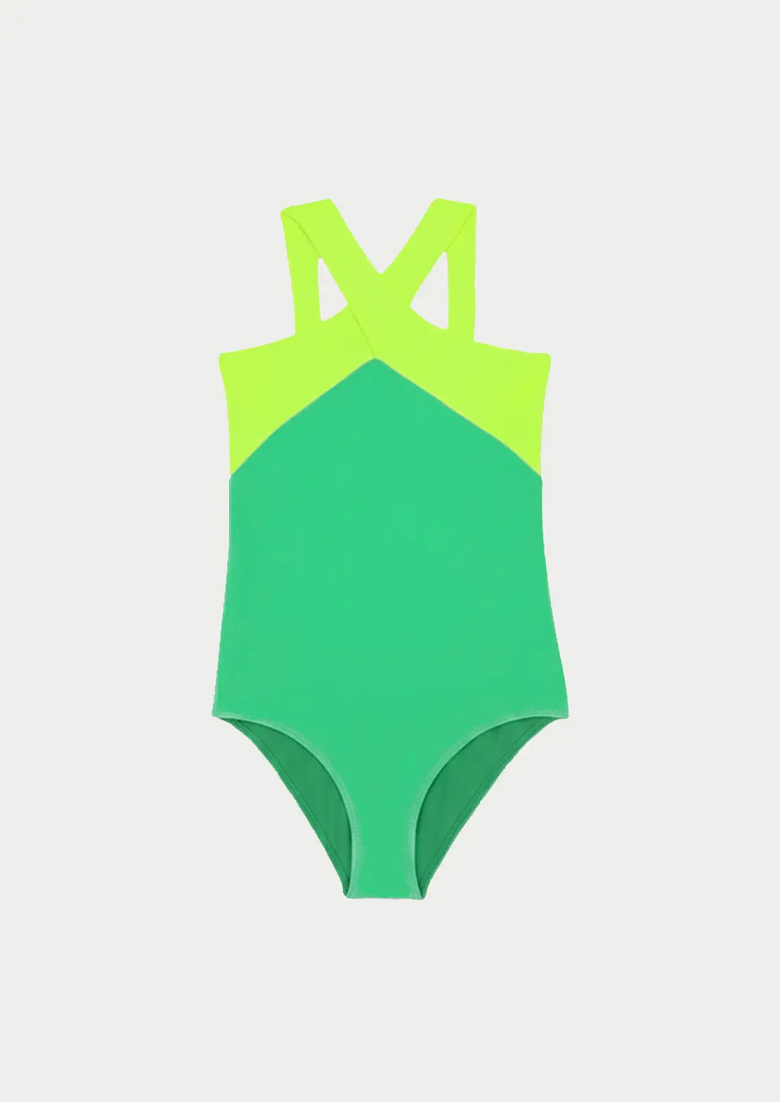 Silueta del traje de baño halter Green en verde y amarillo flúor sobre fondo blanco para niñas y teens