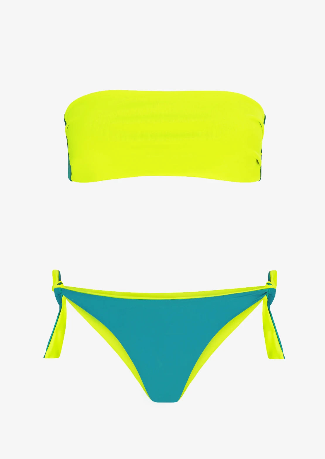 Silueta version uno del bikini reversible para mujer y teen amarillo flúor y azul aqua de To the Moon.
