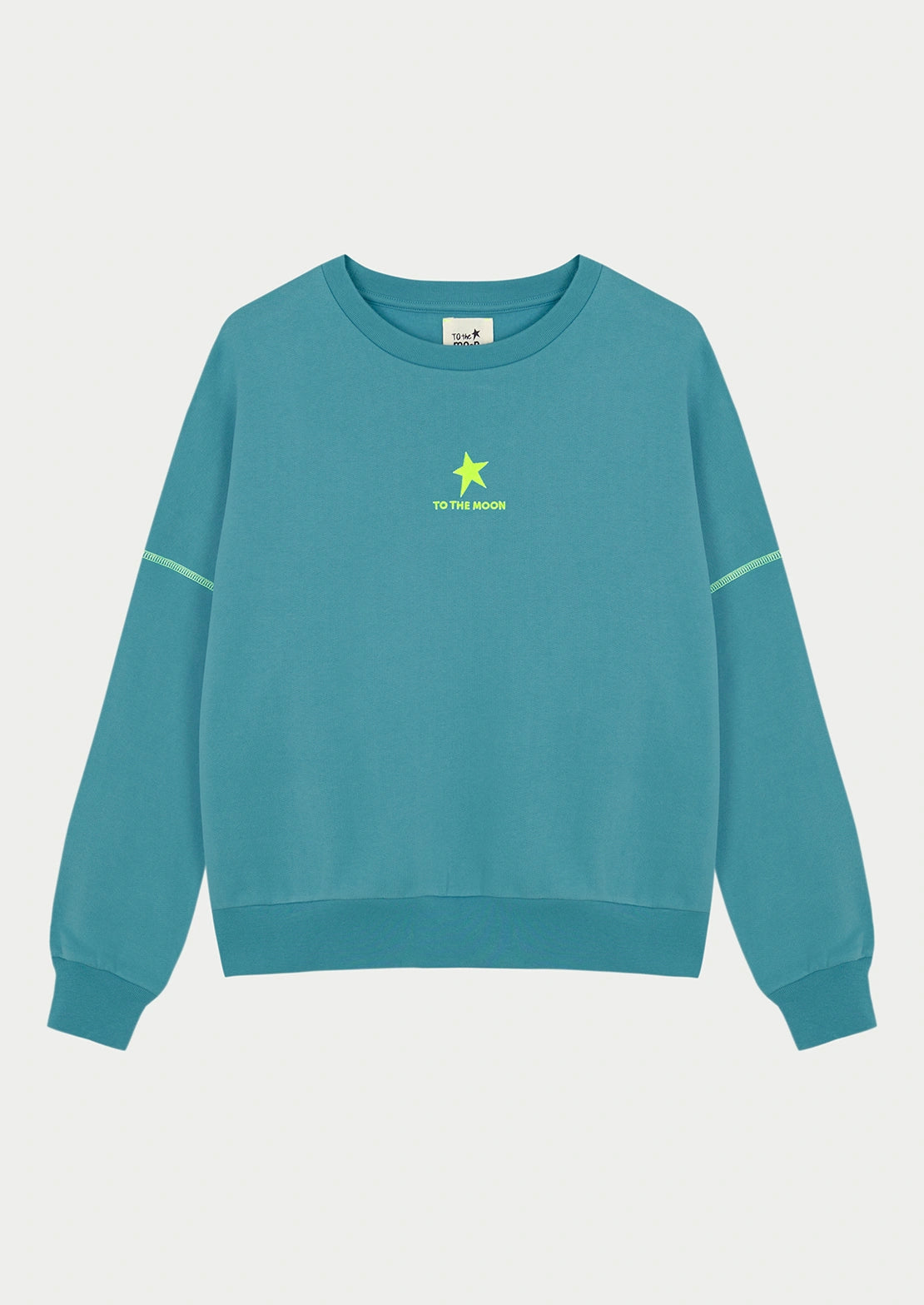 Comprar sudadera de To the Moon en color azul agua empolvado con manga caída y costuras en amarillo flúor.