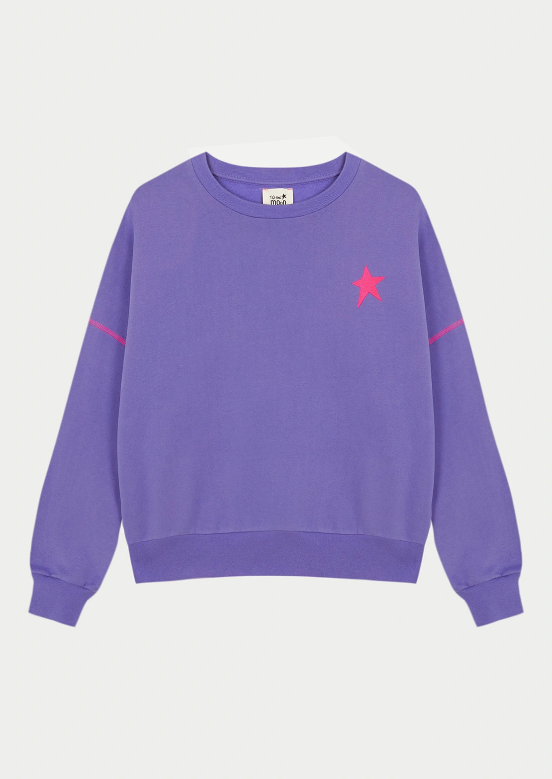 Comprar sudadera de To the Moon en color lila oscuro con manga caída y costuras en amarillo flúor.