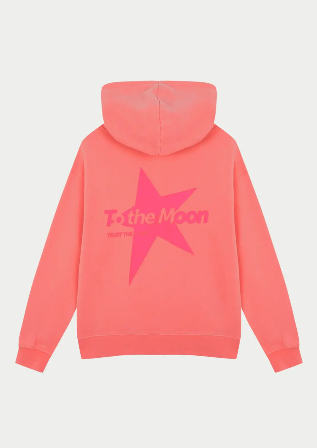 Hoodie Sunset ideal para teens en color coral con capucha y bolsillo canguro de To the Moon. Serigrafía con estrella en fucsia flúor en la espalda.