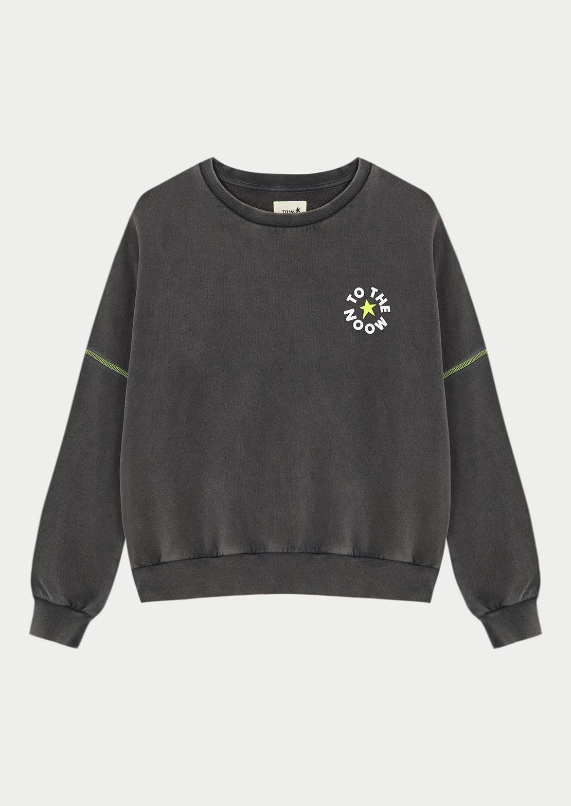 Comprar sudadera de To the Moon en color gris oscuro con manga caída y costuras en amarillo flúor.