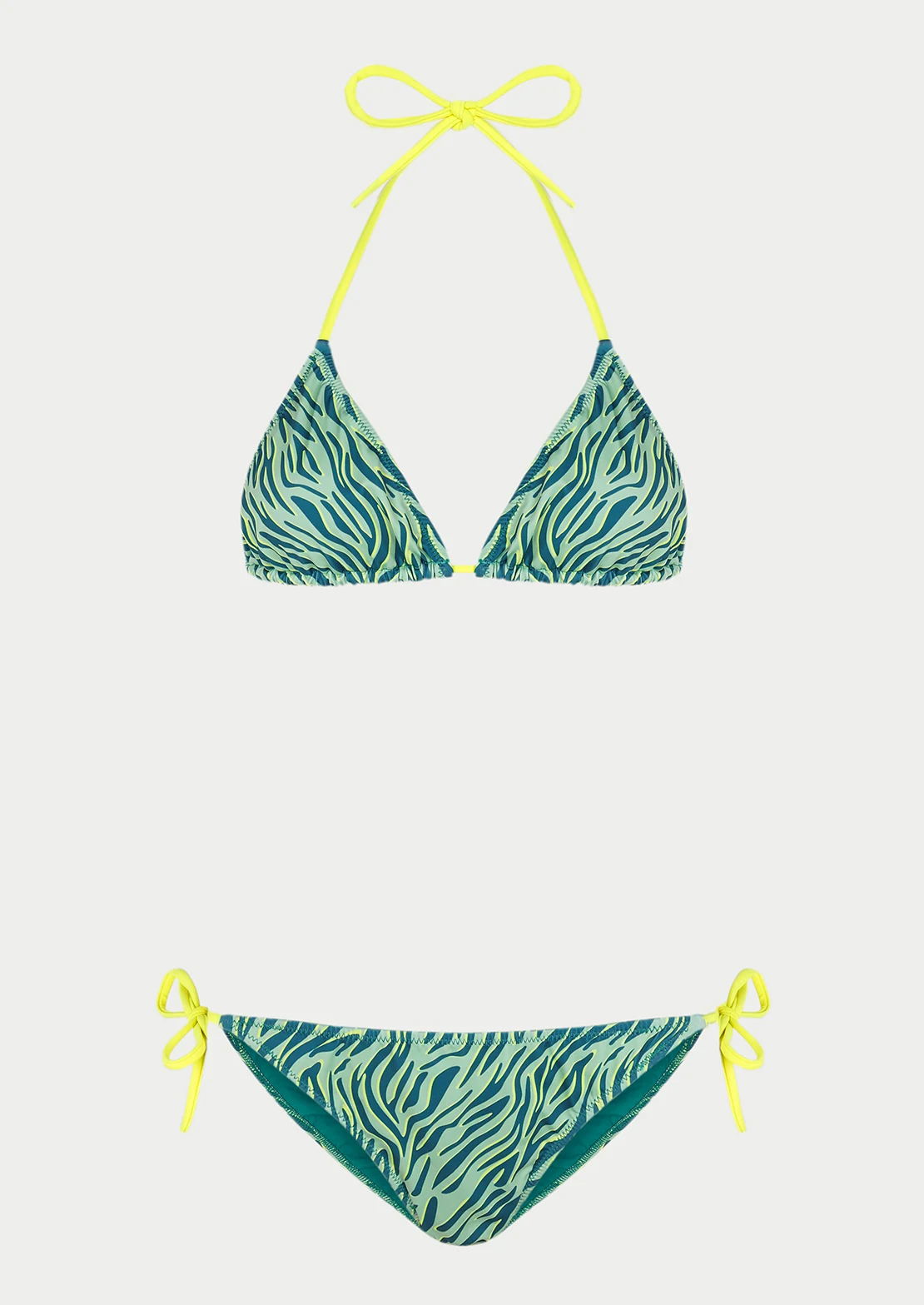 Bikini de To the Moon para mujer y teen, cortinilla estampado cebra en verde y azul , toques neón.
