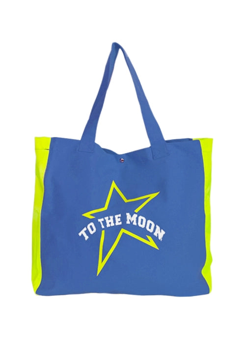 bolsa para la playa amarillo flúor y azul. La bolsa de playa ideal para niña y teen. Nueva colección de bolsas de playa to the moon 2023