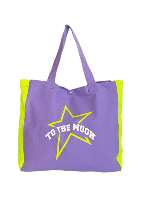 bolsa de playa to the moon lila y amarillo flúor. Ideal para niña, teen y mujer. Verano 2023