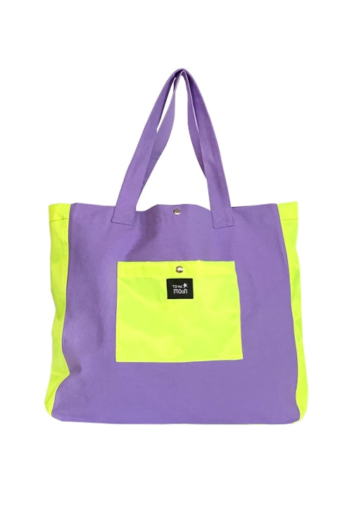 bolsa de playa amarillo neón y lila con bolsillo
