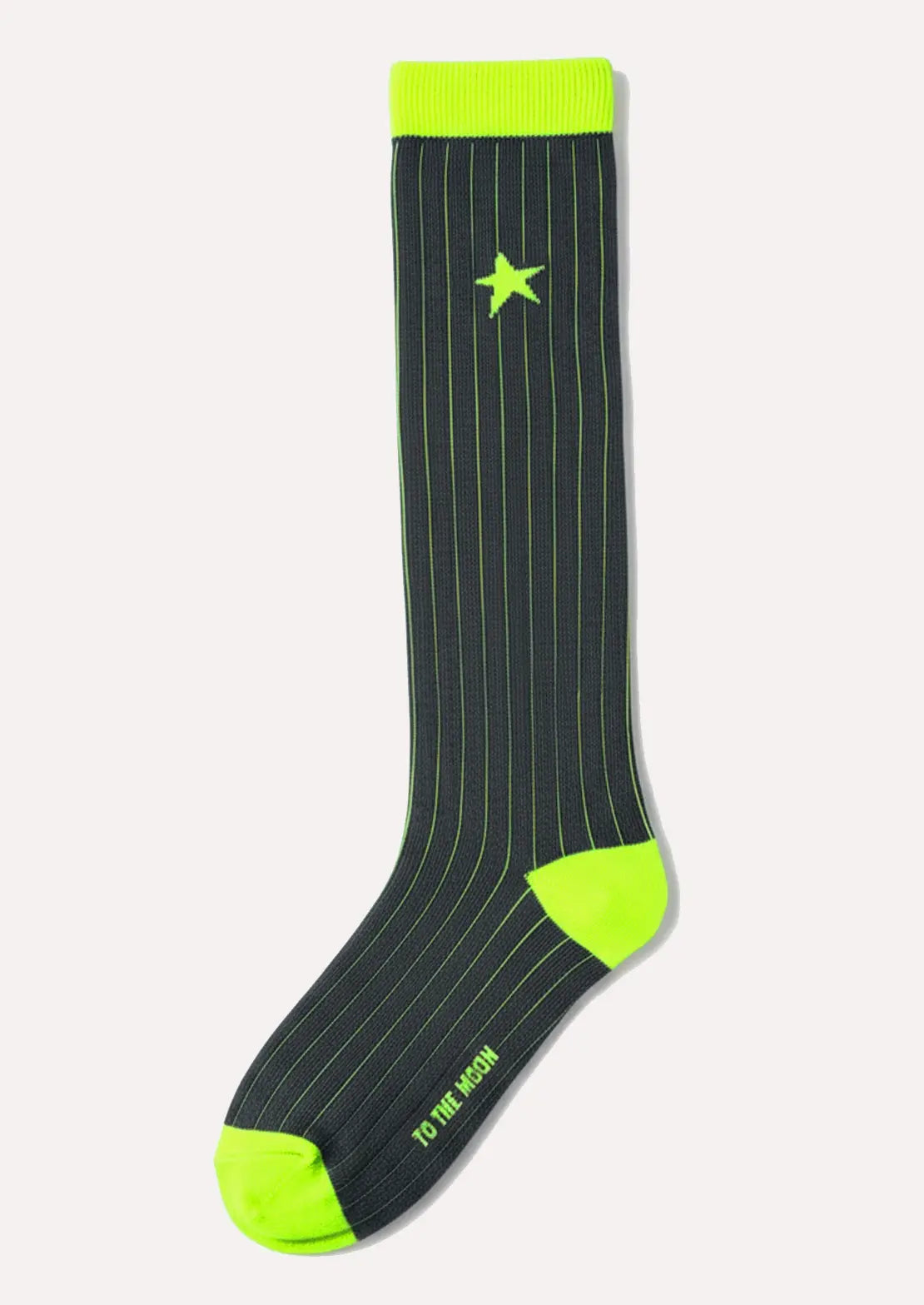 Calcetines de To the Moon de caña alta de canalé gris oscuro con estrella y amarillo flúor.