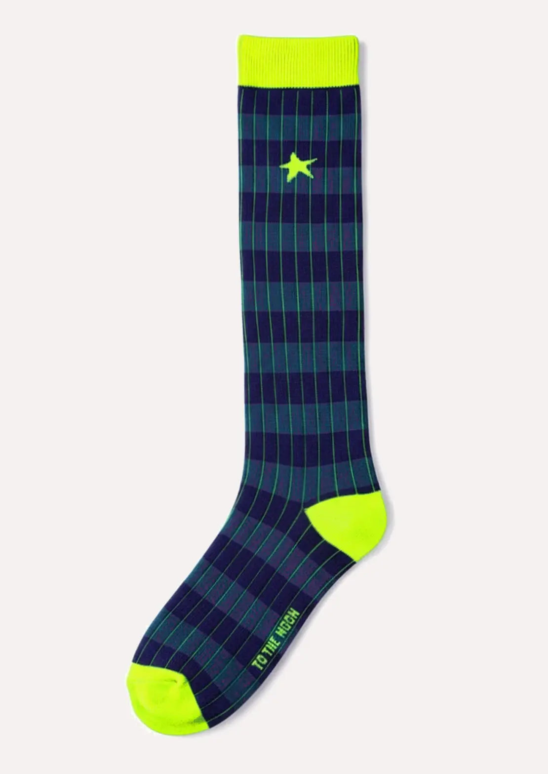 Calcetines de To the Moon de caña alta de canalé rayas azules con estrella amarillo flúor.