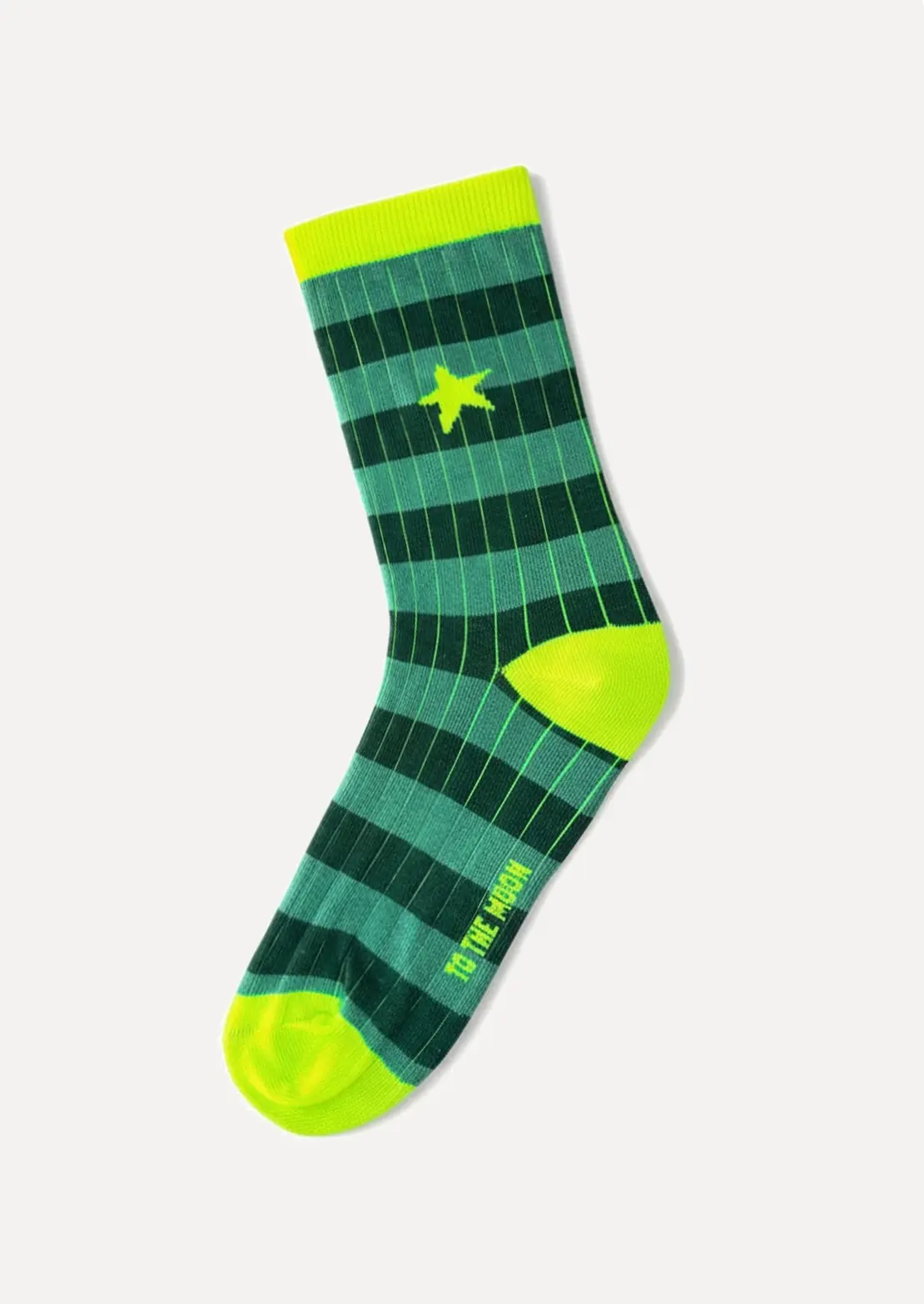 Calcetines de To the Moon de caña baja de canalé rayas verdes con estrella amarillo flúor.