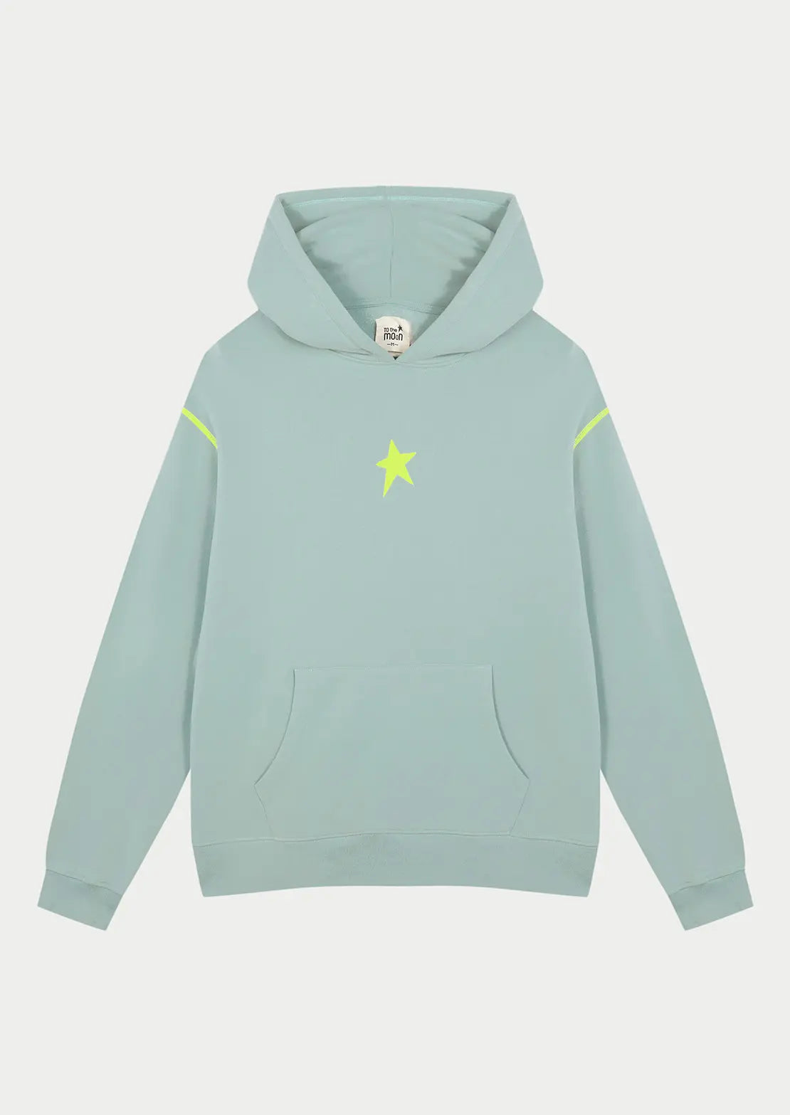 Hoodie color verde claro estrella estampada leopardo con capucha y bolsillo canguro ideal para teens de To the Moon. Estrella flúor animal print serigrafiada en la espalda.
