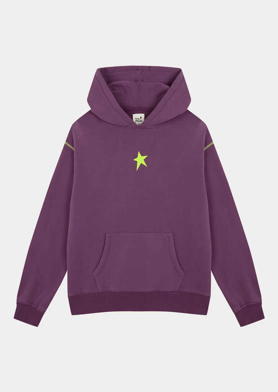 Hoodie color morado estrella estampada leopardo con capucha y bolsillo canguro ideal para teens de To the Moon. Estrella flúor animal print serigrafiada en la espalda.
